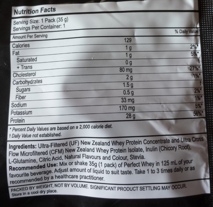 Nutrition label of Perfect Whey protein powder supplement - photo by popular fitness