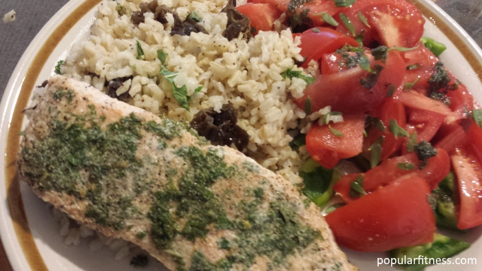 Salmon with Lemon Balm, Brown Rice and Salad dinner - Photo by popular fitness
