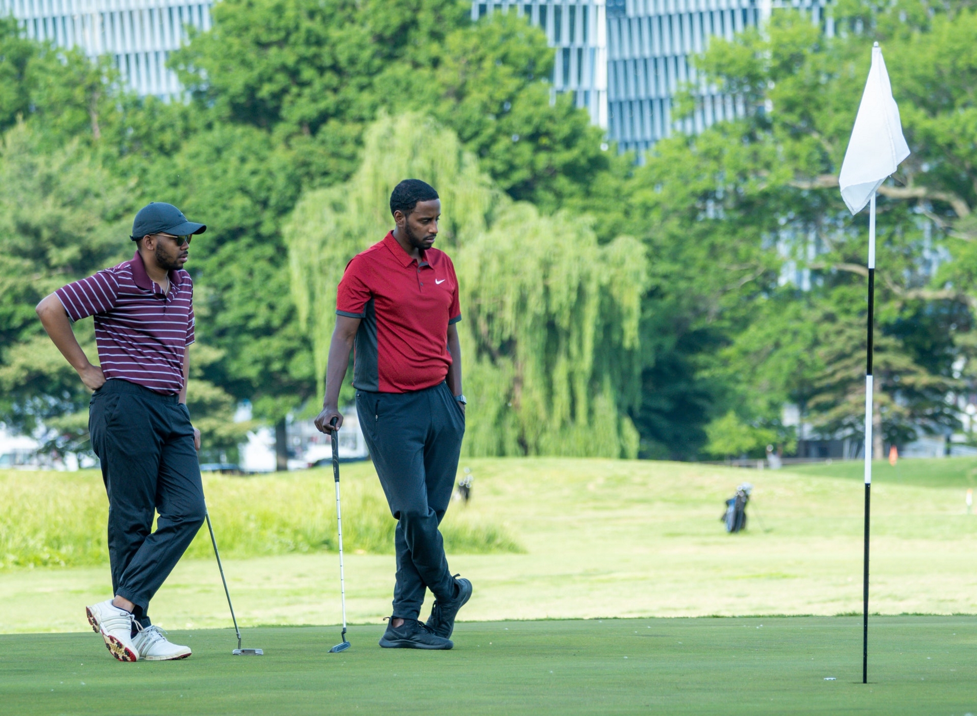 To golfers enjoying a game of golf - golfers golfing