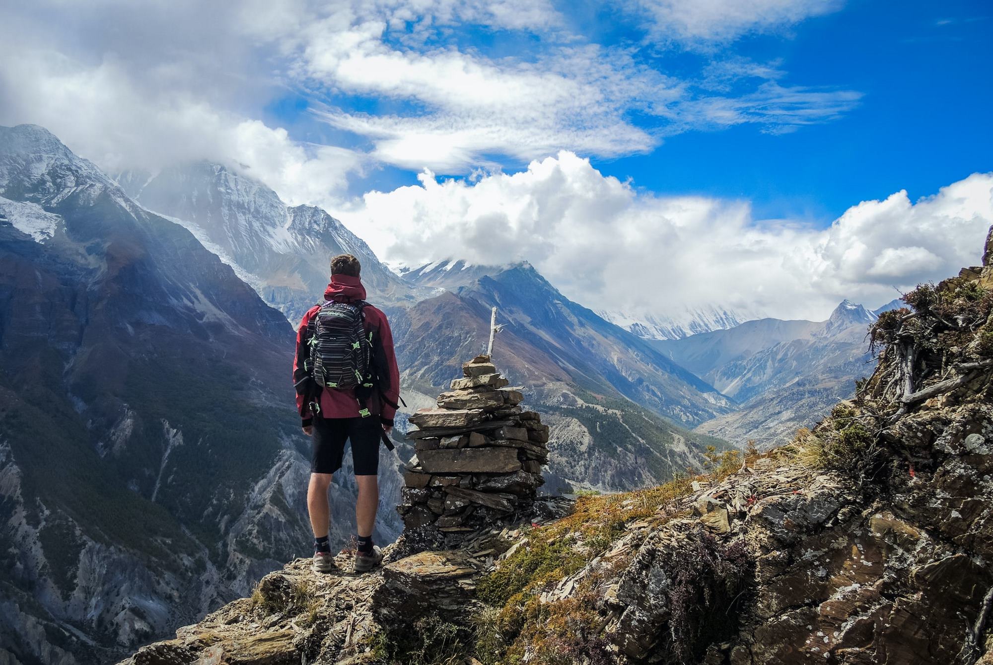 Hiker backpacking in Nepal mountains