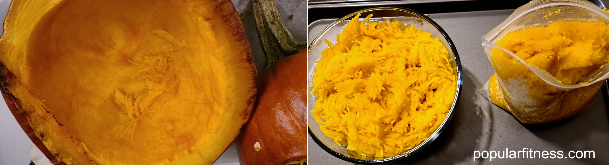 Baked pumpkin, pumpkin pureed for use and put in freezer bag for freezing .