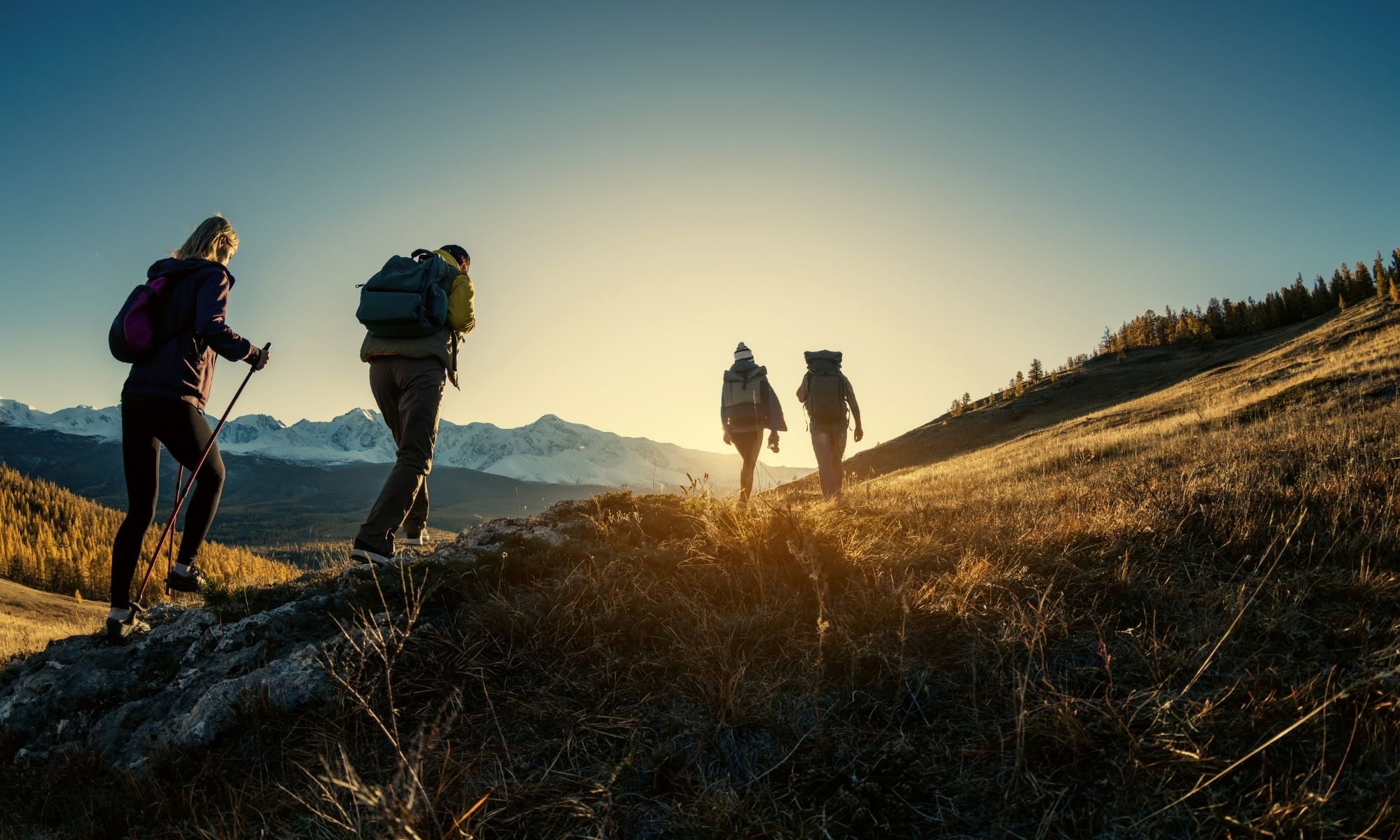 4 hikers hiking by a mountain range